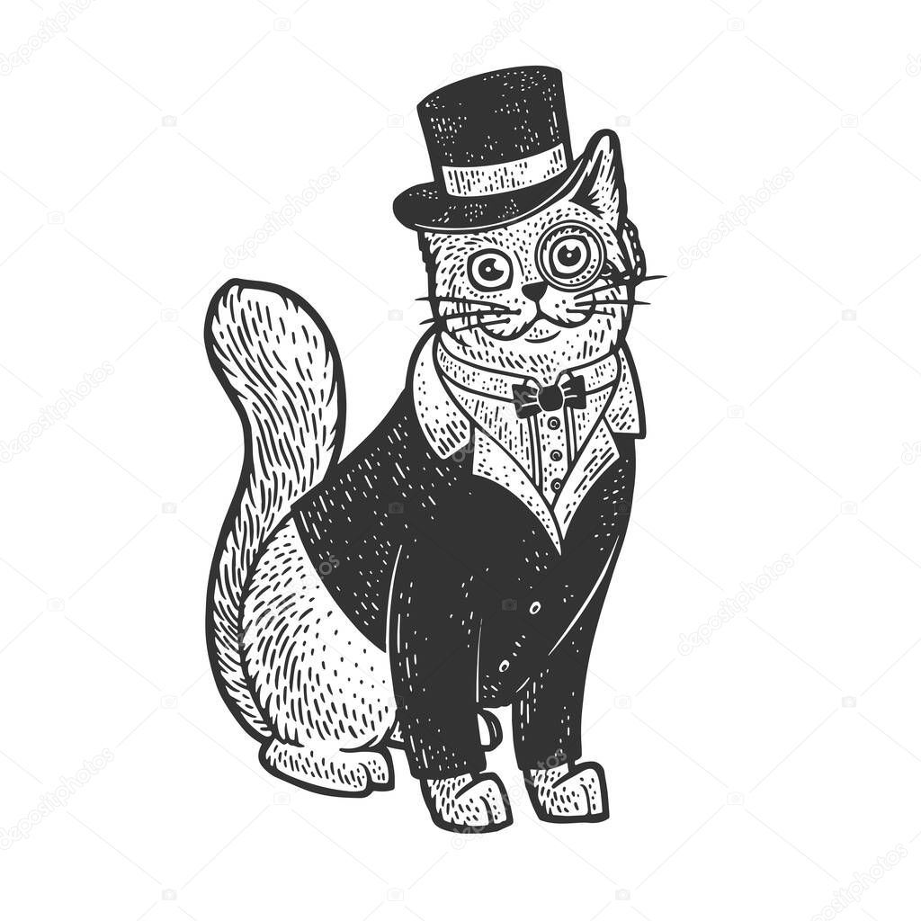 Cat in tuxedo blazer coat top hat and glasses sketch engraving vector illustration. T-shirt apparel print design. Scratch board imitation. Black and white hand drawn image.