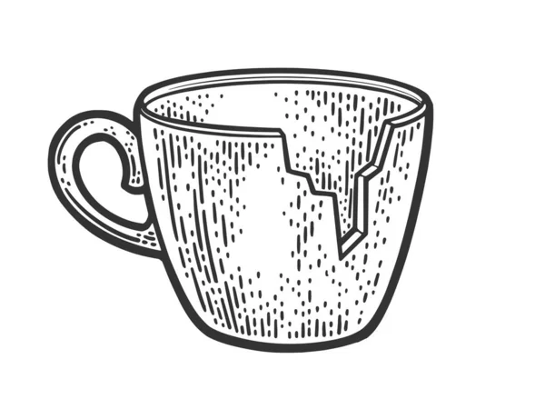 Розбита чашка без розрізаного фрагмента ескізу гравіювання Векторні ілюстрації. Дизайн футболки для друку. Імітація дошки подряпин. Чорно-біле намальоване зображення руки . — стоковий вектор