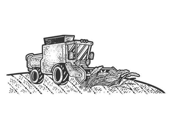 Combine harvester in wheat field sketch engraving vector illustration. T-shirt apparel print design. Scratch board imitation. Black and white hand drawn image. — Stock Vector