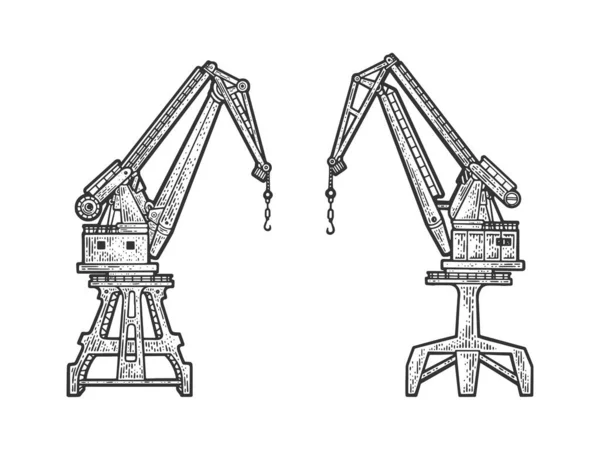 Harbor crane sketch engraving vector illustration. T-shirt apparel print design. Scratch board imitation. Black and white hand drawn image. — Stock Vector