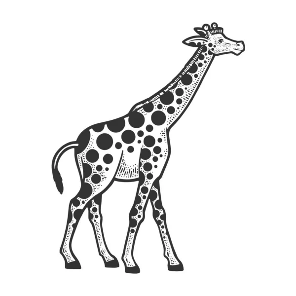 Animale giraffa con cerchi macchie schizzo incisione vettoriale illustrazione. T-shirt abbigliamento design di stampa. Imitazione del gratta e Vinci. Immagine disegnata a mano in bianco e nero. — Vettoriale Stock