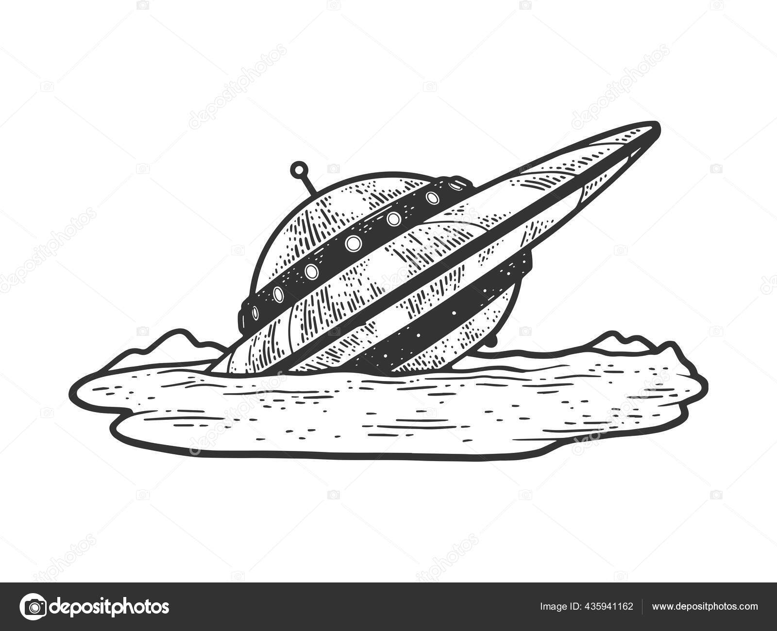 Wrecked crashed ufo sketch engraving vector illustration. T-shirt apparel  print design. Scratch board imitation. Black and white hand drawn image.  Stock Vector Image by ©AlexanderPokusay #435941162