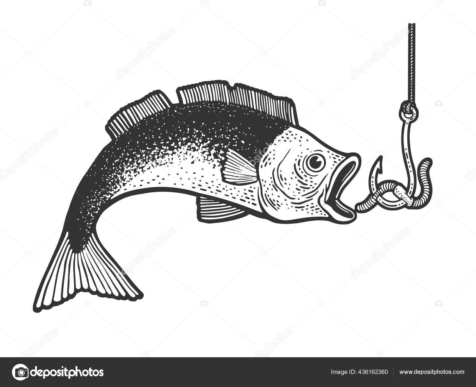 Fish catch bait worm on hook fishing sketch engraving vector