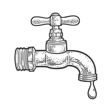 Damlayan musluk çizimi kabartma vektör çizimi. Tişört giysisi baskısı tasarımı. Çizik tahtası taklidi. Siyah beyaz el çizimi resim.