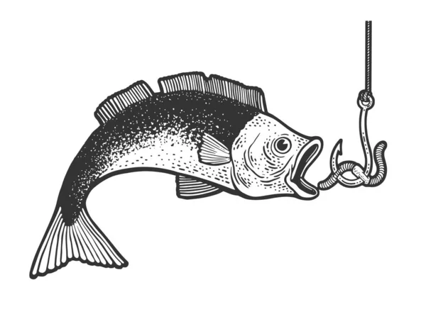 Fisk fånga bete mask på krok fiske skiss gravyr vektor illustration. T-shirt kläder tryck design. Skrapbrädesimitation. Svart och vit handritad bild. — Stock vektor