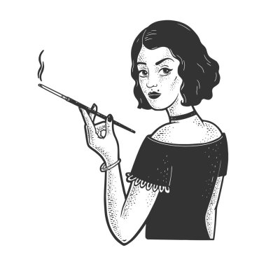 Ağızlıklı sigara tutacağı ve çizim vektörü çizimi olan bir kız. Tişört giysisi baskısı tasarımı. Çizik tahtası taklidi. Siyah beyaz el çizimi resim.