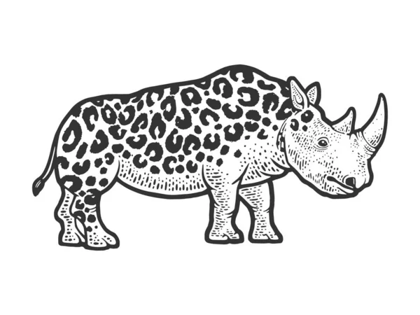 Dessin animal fictif rhinocéros léopard gravure vectorielle illustration. T-shirt imprimé design. Imitation de carte à gratter. Image dessinée à la main noir et blanc. — Image vectorielle