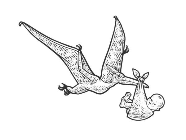 Pterodactyl trägt neugeborene Baby Skizze Gravur Vektor Illustration. T-Shirt-Print-Design. Rubbelbrett-Imitat. Handgezeichnetes Schwarz-Weiß-Bild. — Stockvektor