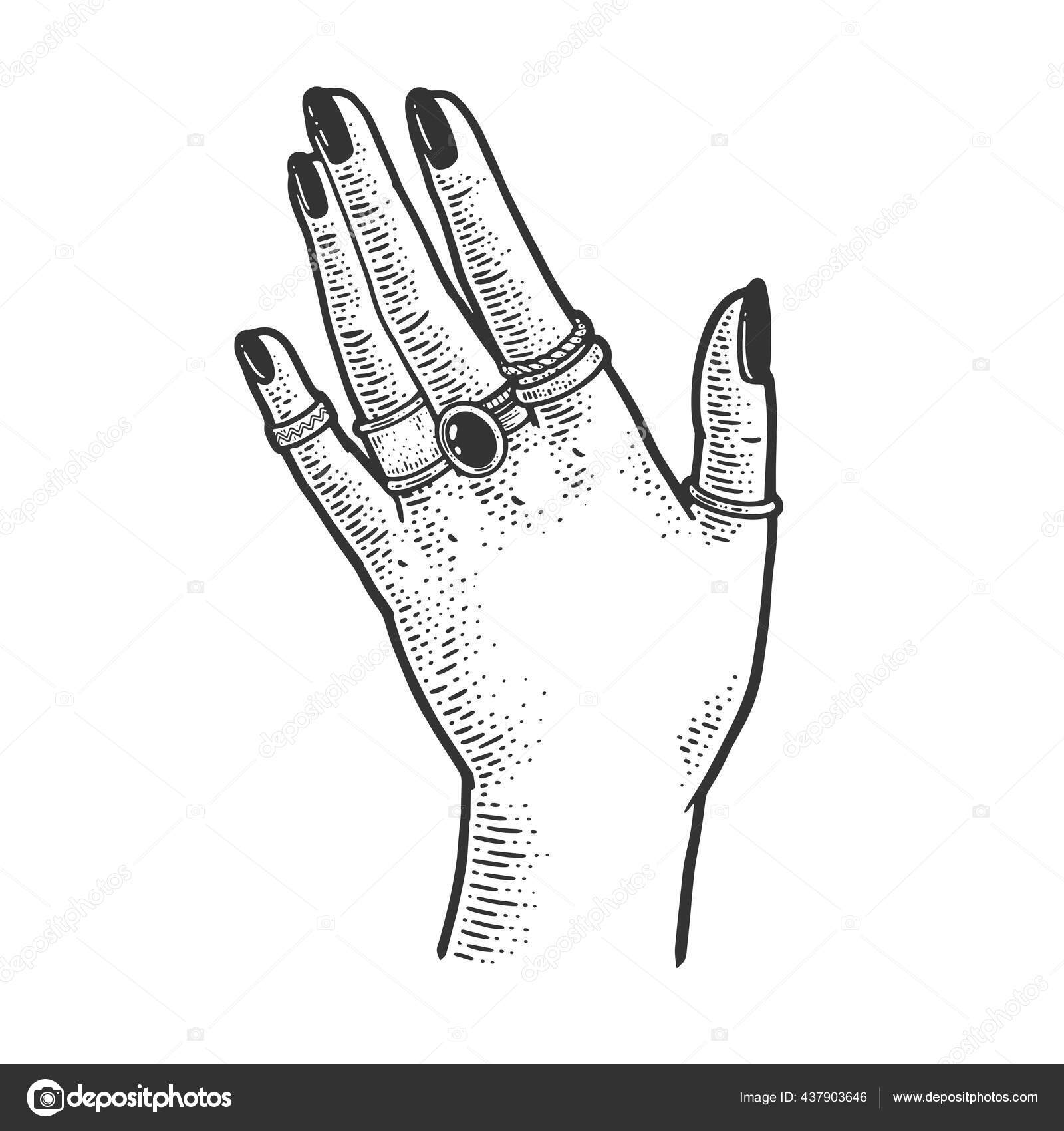 貴重な指輪のスケッチのベクトルイラストを持つ女性の手。Tシャツのアパレルプリントデザイン。スクラッチボードの模倣。黒と白の手描き画像.  ストックベクター ©AlexanderPokusay 437903646, image size:1600x1700