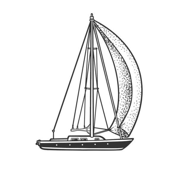 Barco de vela única bosquejo grabado vector ilustración. Diseño de estampado de ropa de camiseta. Scratch board imitación. Imagen dibujada a mano en blanco y negro. — Archivo Imágenes Vectoriales