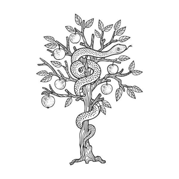 Serpente biblico serpente su albero di mele schizzo incisione vettoriale illustrazione. T-shirt abbigliamento design di stampa. Imitazione del gratta e Vinci. Immagine disegnata a mano in bianco e nero. — Vettoriale Stock