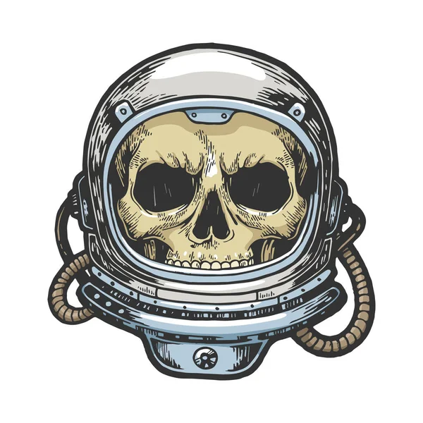 Capacete de astronauta crânio humano esboço gravura cor vetor ilustração. Imitação de estilo Scratch board. Imagem desenhada à mão. —  Vetores de Stock