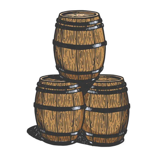 Şarap birası ahşap fıçılar oymalı renkli vektör çizimi. Tahta sitili taklit. Siyah beyaz el çizimi resim. — Stok Vektör
