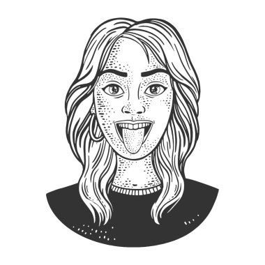 Dil çizimi, kabartma çizimi gösteren kız. Tişört giysisi baskısı tasarımı. Çizik tahtası taklidi. Siyah beyaz el çizimi resim.