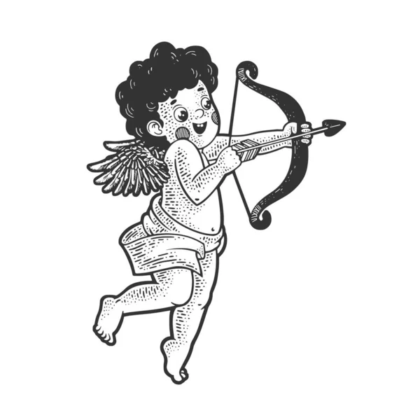 Cupido com arco esboço gravura vetor ilustração. T-shirt design de impressão de vestuário. Imitação de raspadinha. Imagem desenhada à mão preto e branco. — Vetor de Stock