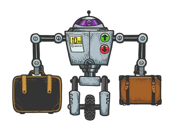 Robot bagage bärare skiss färg gravyr vektor illustration. T-shirt kläder tryck design. Scratch board stil imitation. Svart och vit handritad bild. — Stock vektor