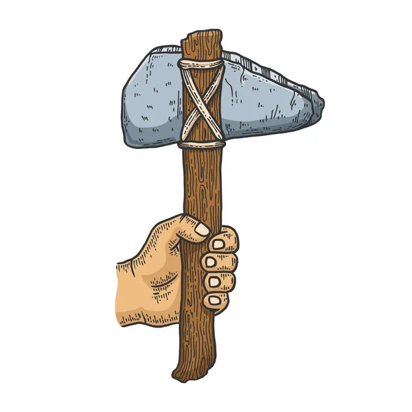 원시 스톤 스케치 벡터 일러스트레이션 (Primitive stone ax sketch color engraving vector illustration). 티셔츠 의류인 쇄 디자인. 스크래치 보드 스타일의 모조품. 손으로 그린 흑백 그림. — 스톡 벡터