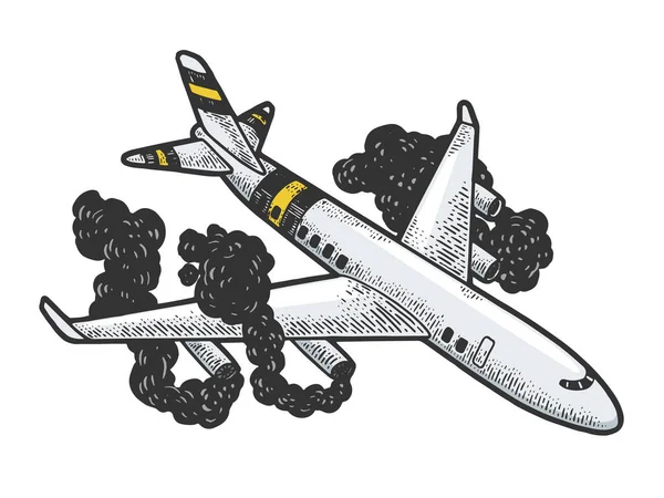 Avion crash croquis couleur gravure vectorielle illustration. T-shirt imprimé design. Imitation de style scratch board. Image dessinée à la main. — Image vectorielle