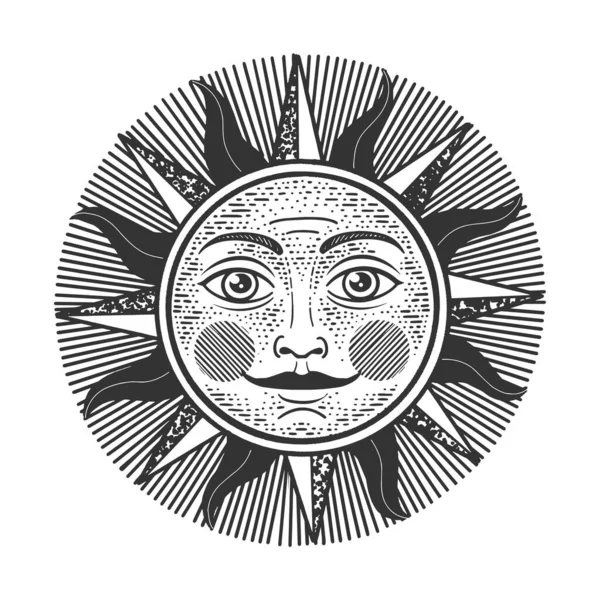 Sun witn face esboço gravura vetor ilustração. T-shirt design de impressão de vestuário. Imitação de raspadinha. Imagem desenhada à mão preto e branco. — Vetor de Stock