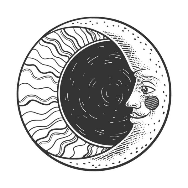 Mond mit Gesicht Skizze Vektorgravur Illustration. T-Shirt-Print-Design. Rubbelbrett-Imitat. Handgezeichnetes Schwarz-Weiß-Bild. — Stockvektor