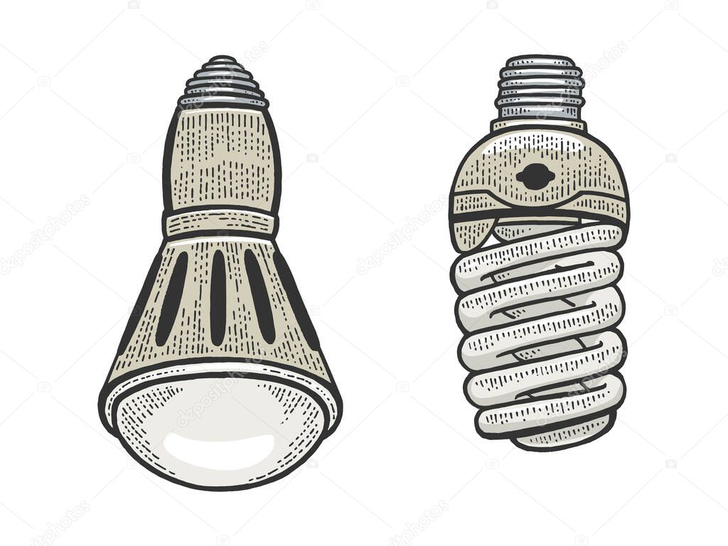 Energy saving lamp sketch color engraving vector illustration. T-shirt apparel print design. Scratch board style imitation. Black and white hand drawn image.