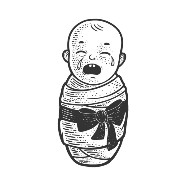 Gråtande baby skiss gravyr vektor illustration. T-shirt kläder tryck design. Skrapbrädesimitation. Svart och vit handritad bild. — Stock vektor