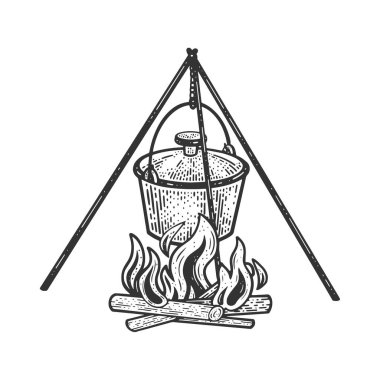 Cauldron pot on fire sketch engraving vector illustration. T-shirt apparel print design. Scratch board imitation. Black and white hand drawn image. vector Cauldron pot on fire sketch engraving vector illustration. T-shirt apparel print design. Scratch board imitation. Black and white hand drawn image. vector
