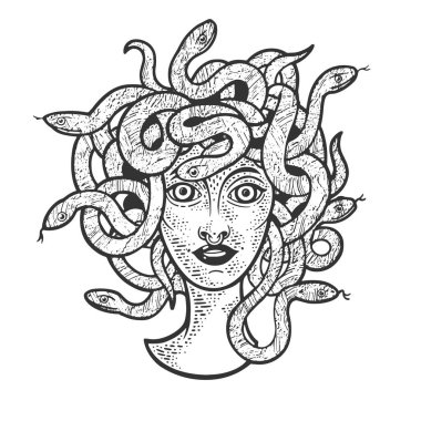 Medusa Gorgo kafası ve yılan çizimi vektör çizimi. Tişört giysisi baskısı tasarımı. Çizik tahtası taklidi. Siyah beyaz el çizimi resim.