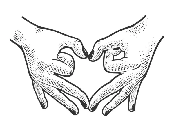 Les mains montrent le signe cardiaque croquis gravure vectorielle illustration. T-shirt imprimé design. Imitation de carte à gratter. Image dessinée à la main noir et blanc. — Image vectorielle