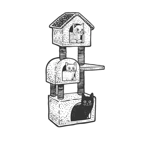 Macska ház vázlat gravírozás vektor illusztráció. Póló mintás ruha. Karcolódeszka utánzat. Fekete-fehér kézzel rajzolt kép. — Stock Vector