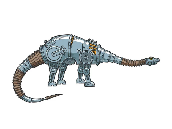 Mechaniczny Diplodocus dinozaur zwierząt kolor szkic grawerowanie wektor ilustracja. Imitacja stylu deski do drapania. Czarno-biały ręcznie rysowany obraz. — Wektor stockowy