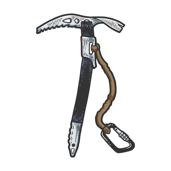 Ice axe hiking climbing tool skica color gravaving vector illustration. Napodobenina stylu škrábanců. Černobílý ručně kreslený obrázek. — Stockový vektor