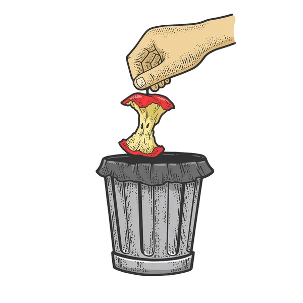 Main jette le talon de pomme dans la poubelle croquis couleur gravure vectorielle illustration. T-shirt imprimé design. Imitation de carte à gratter. Image dessinée à la main noir et blanc. — Image vectorielle