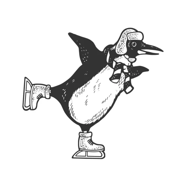 Pingouin sur patins croquis gravure vectorielle illustration. T-shirt imprimé design. Imitation de carte à gratter. Image dessinée à la main noir et blanc. — Image vectorielle