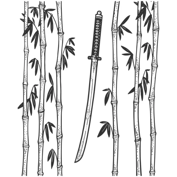 Katana espada e bambu esboço gravura vetor ilustração. T-shirt design de impressão de vestuário. Imitação de raspadinha. Imagem desenhada à mão preto e branco. — Vetor de Stock