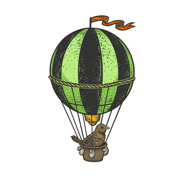 Oiseau volant sur une illustration vectorielle de gravure de croquis couleur ballon à air chaud vintage. T-shirt imprimé design. Imitation de carte à gratter. Image dessinée à la main noir et blanc. — Image vectorielle