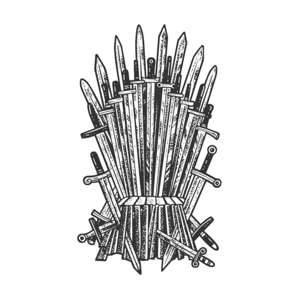 Mesés királyi trón kardok vázlat metszet vektor illusztráció. Póló mintás ruha. Karcolódeszka utánzat. Fekete-fehér kézzel rajzolt kép. — Stock Vector