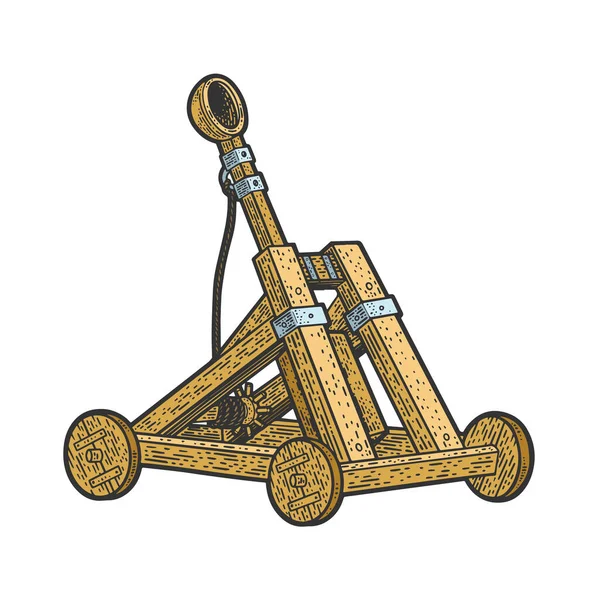 Catapulta antigo dispositivo balístico medieval cor esboço gravura vetor ilustração. T-shirt design de impressão de vestuário. Imitação de raspadinha. Imagem desenhada à mão preto e branco. —  Vetores de Stock