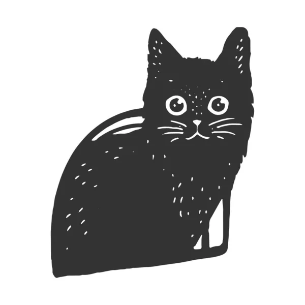 Schwarze Katze im Katzenhaus Skizze Gravurvektorillustration. T-Shirt-Print-Design. Rubbelbrett-Imitat. Handgezeichnetes Schwarz-Weiß-Bild. — Stockvektor