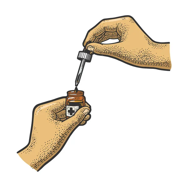 Σταγονόμετρο φάρμακο στο χέρι έγχρωμο σκίτσο χάραξη διάνυσμα εικονογράφηση. Σχεδιασμός εκτύπωσης ρούχων T-shirt. Απομίμηση χαρτονιού. Ασπρόμαυρη ζωγραφισμένη στο χέρι εικόνα. — Διανυσματικό Αρχείο