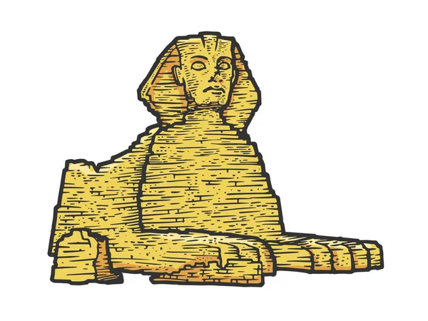 Єгипетська скульптура Сфінкса ескіз зображення векторного гравірування. На футболці - дизайн друку. Імітація типу Scratch. Чорно-біле зображення руки. — стоковий вектор