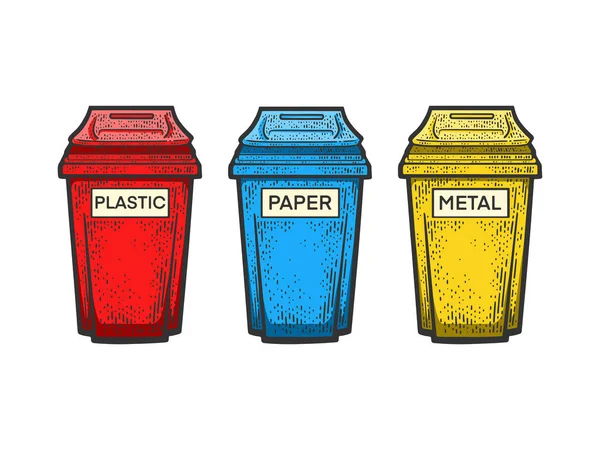 Tri des déchets poubelles poubelles poubelles couleur croquis gravure illustration vectorielle. T-shirt imprimé design. Imitation de carte à gratter. Image dessinée à la main noir et blanc. — Image vectorielle