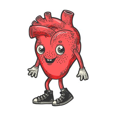 Karikatür kalp rengi çizimi, kabartma vektör çizimi. Tişört giysisi baskısı tasarımı. Çizik tahtası taklidi. Siyah beyaz el çizimi resim.