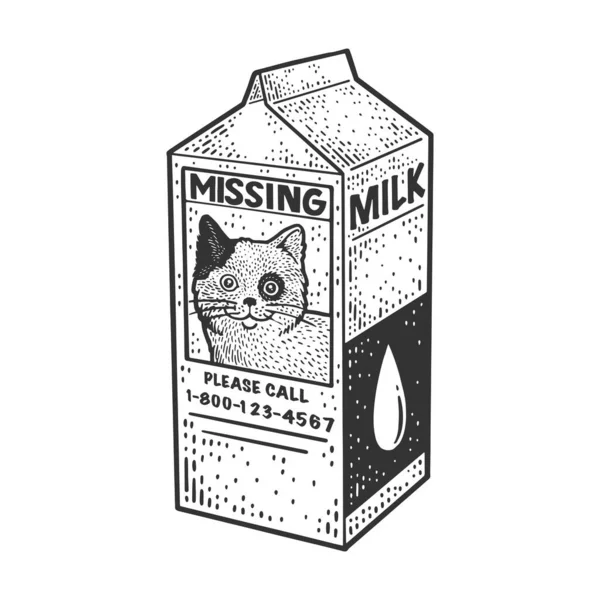 Aviso sobre la leche sobre la ilustración del vector de grabado del boceto del gato perdido. Diseño de estampado de ropa de camiseta. Scratch board imitación. Imagen dibujada a mano en blanco y negro. — Vector de stock