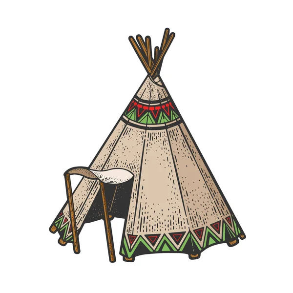 Wigwam Native American stammar hydda hus färg skiss gravyr vektor illustration. T-shirt kläder tryck design. Skrapbrädesimitation. Svart och vit handritad bild. — Stock vektor