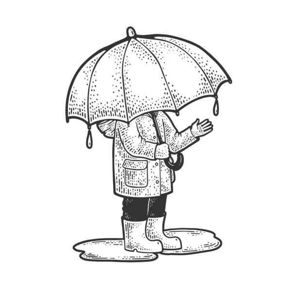Child under huge umbrella is hiding from the rain sketch engraving vector illustration. T-shirt apparel print design. Scratch board imitation. Black and white hand drawn image. — Stock Vector