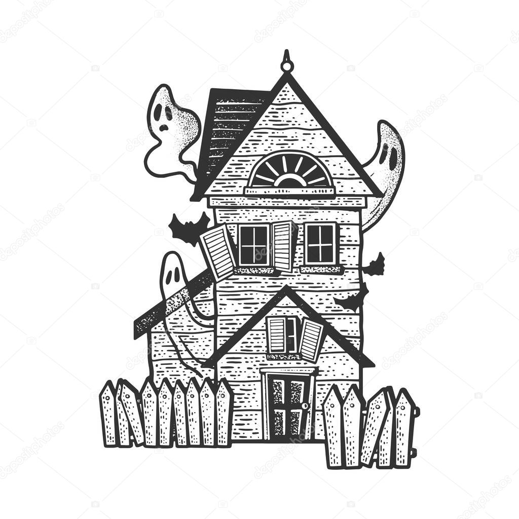 haunted witch house with ghost sketch engraving vector illustration. T-shirt apparel print design. Scratch board imitation. Black and white hand drawn image.