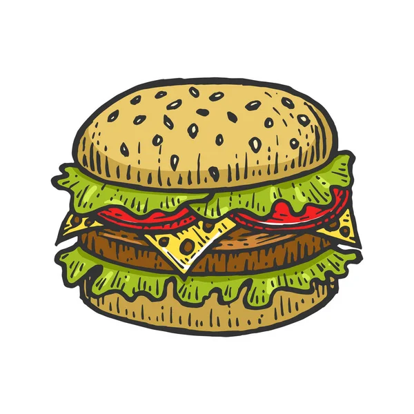 Hamburguesa hamburguesa sándwich color boceto grabado vector ilustración. Scratch board estilo imitación. Imagen dibujada a mano en blanco y negro. — Archivo Imágenes Vectoriales