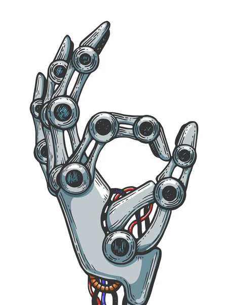 Mechanische menschliche Roboter Hand Farbskizze Gravur Vektor Illustration. Nachahmung im Stil von Scratch Board. Handgezeichnetes Schwarz-Weiß-Bild. — Stockvektor