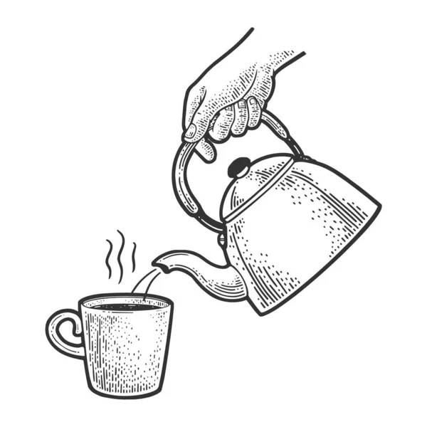 茶水是从水壶草图上倒出来的刻字矢量图解。T恤服装印花设计。刮板仿制。黑白手绘图像. — 图库矢量图片